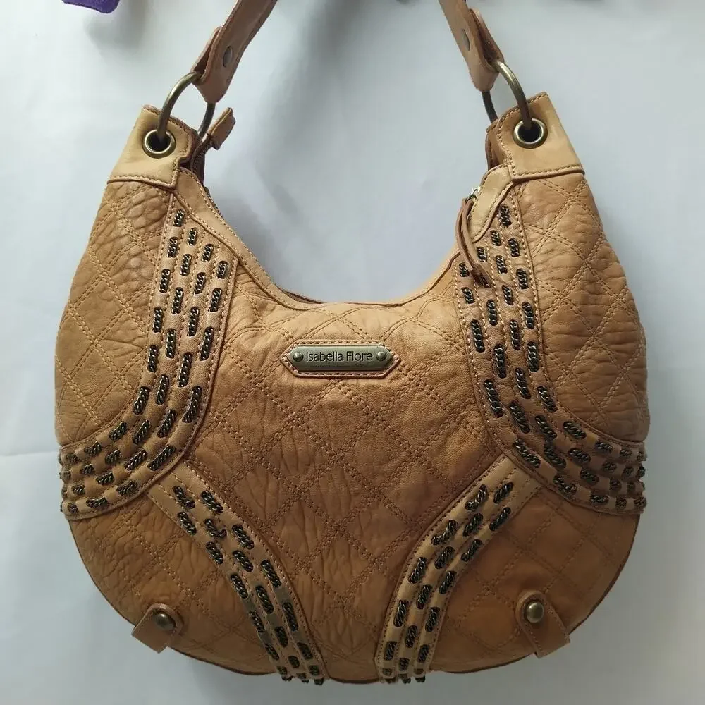 Isabella Fiore Tan Brown Learher Stitching Zipper Closure Hobo Shoulder Bag